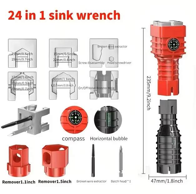 24-in-1 Plumbing Tool – Faucet & Sink Installer with Wrench and Level